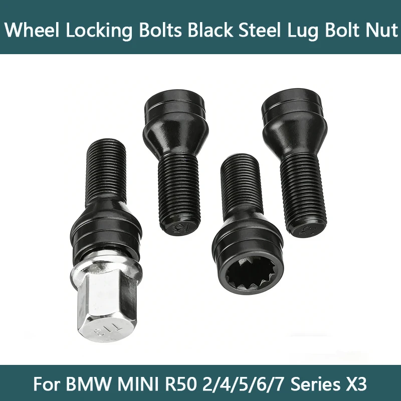 

Комплект из 4 черных стальных колесных секретных болтов M14x1.25 и M12x1.5 с ключом, артикул 36136776076, для MINI R50, серий 2/4/5/6/7, X3
