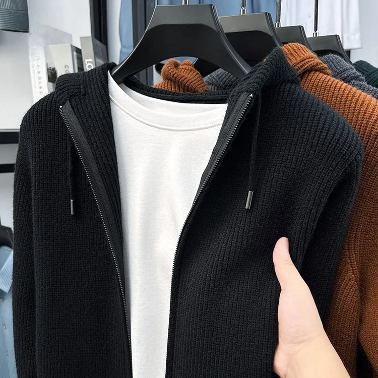 

Осенне-зимний утепленный вязаный кардиган на молнии с капюшоном для мужчин: модный городской стиль, длинный рукав, повседневная верхняя одежда для бизнеса