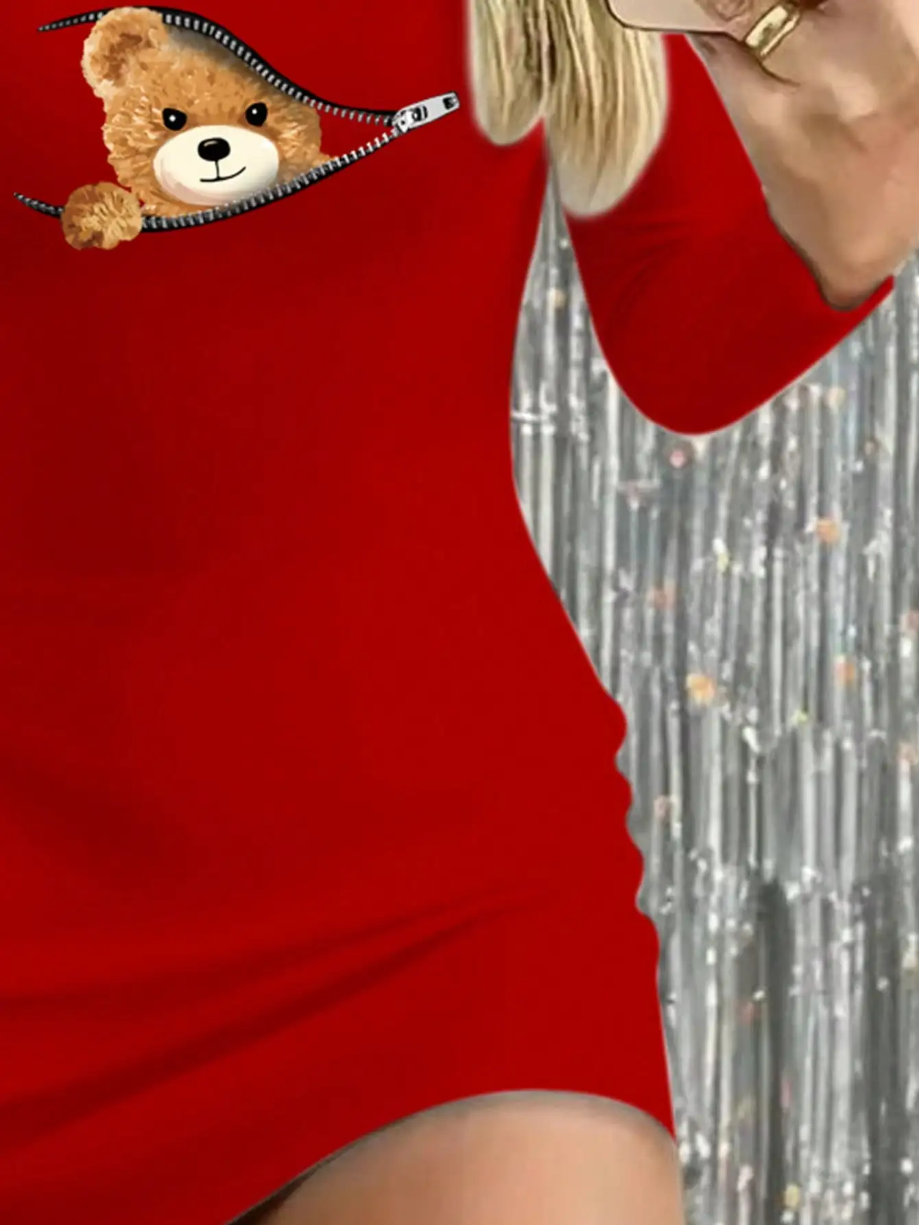 2026 Damen Freizeitkleid, elegant, einfarbig, Rundhals, mit Bärenmuster, Reißverschluss, langärmlig, kurzer Rock, ideal für den Alltag und Reisen – Detail 5