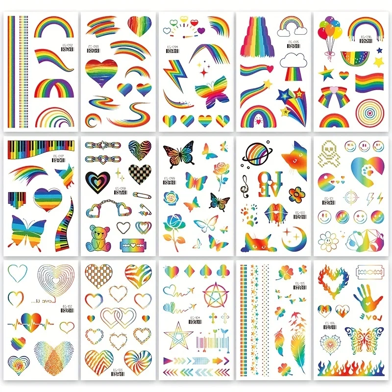 15pcsGlitter Rainbow Temporary Tattoo Stickers Pride Month Butterfly Heart Rainbow Party Favors for Pride Day Parade and Holiday