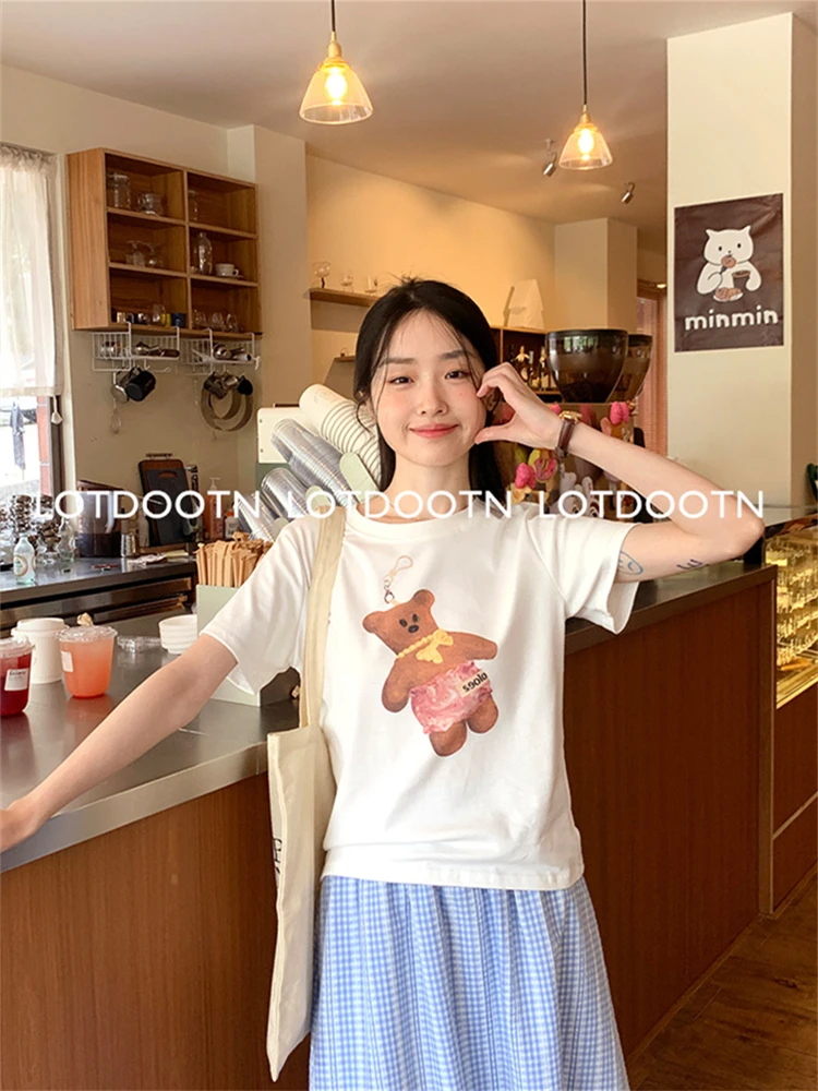 LOTDOOTN Japanese 2000s Style Y2k Cotton T-shirts Women Summer Bear Print Kawaii Short Sleeve Tees Harajuku Cute Round Neck Tops