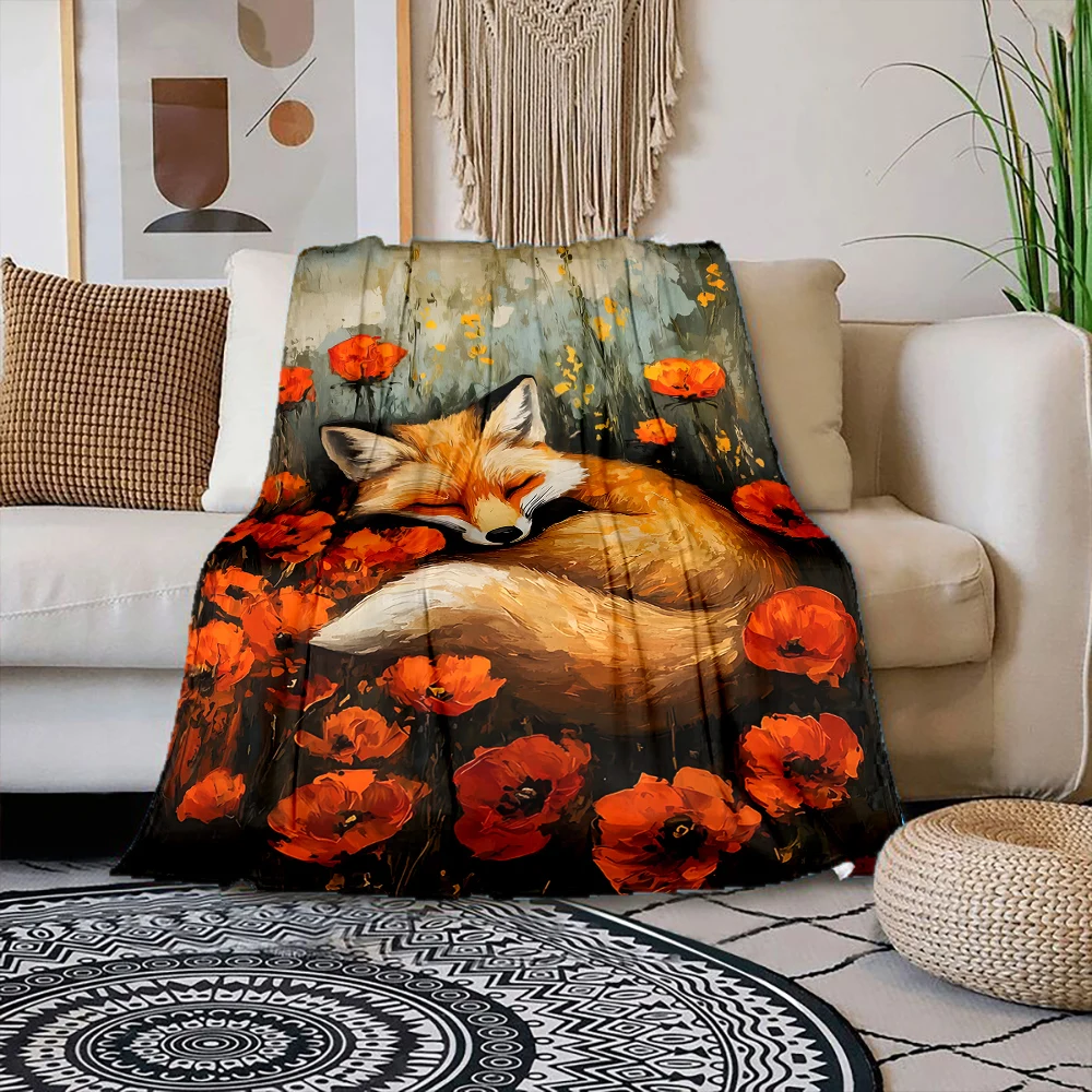 Multiple sizes Fox sleeping among poppies Print Blanket Warm Soft Suitable for All Seasons for Home Sofa Travel Camping Picnics