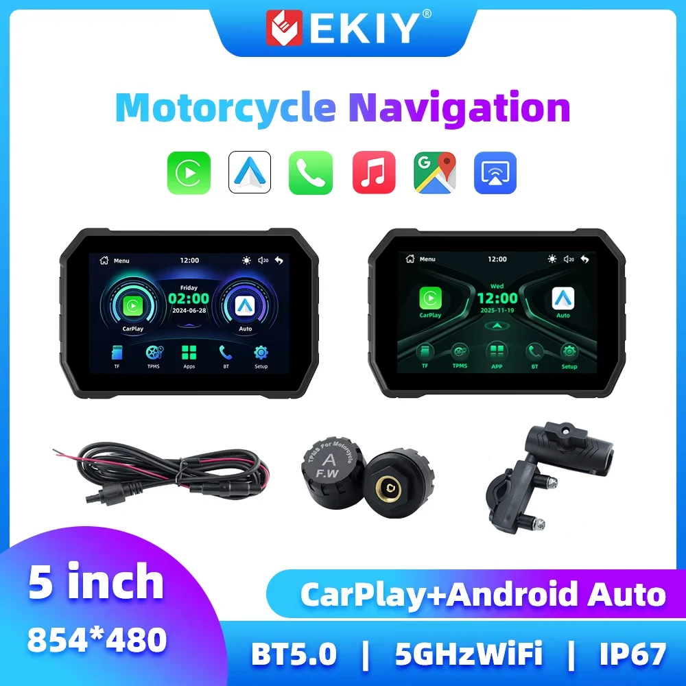 EKIY 5-Zoll-Motorrad-Carplay, kabelloses Carplay, Android Auto, Motorrad-Navigation, GPS-Display, Monitor, Motorrad-GPS-Bildschirm