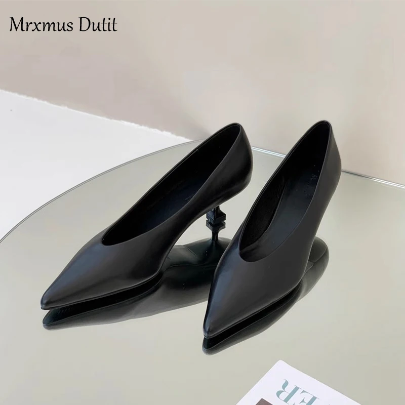 Mrxmus Dutit 2023 Spring Autumn Fashion Asakuchi Pointed Mid Heel Shoes Stiletto All-match Solid Color Simple Work Shoes Women