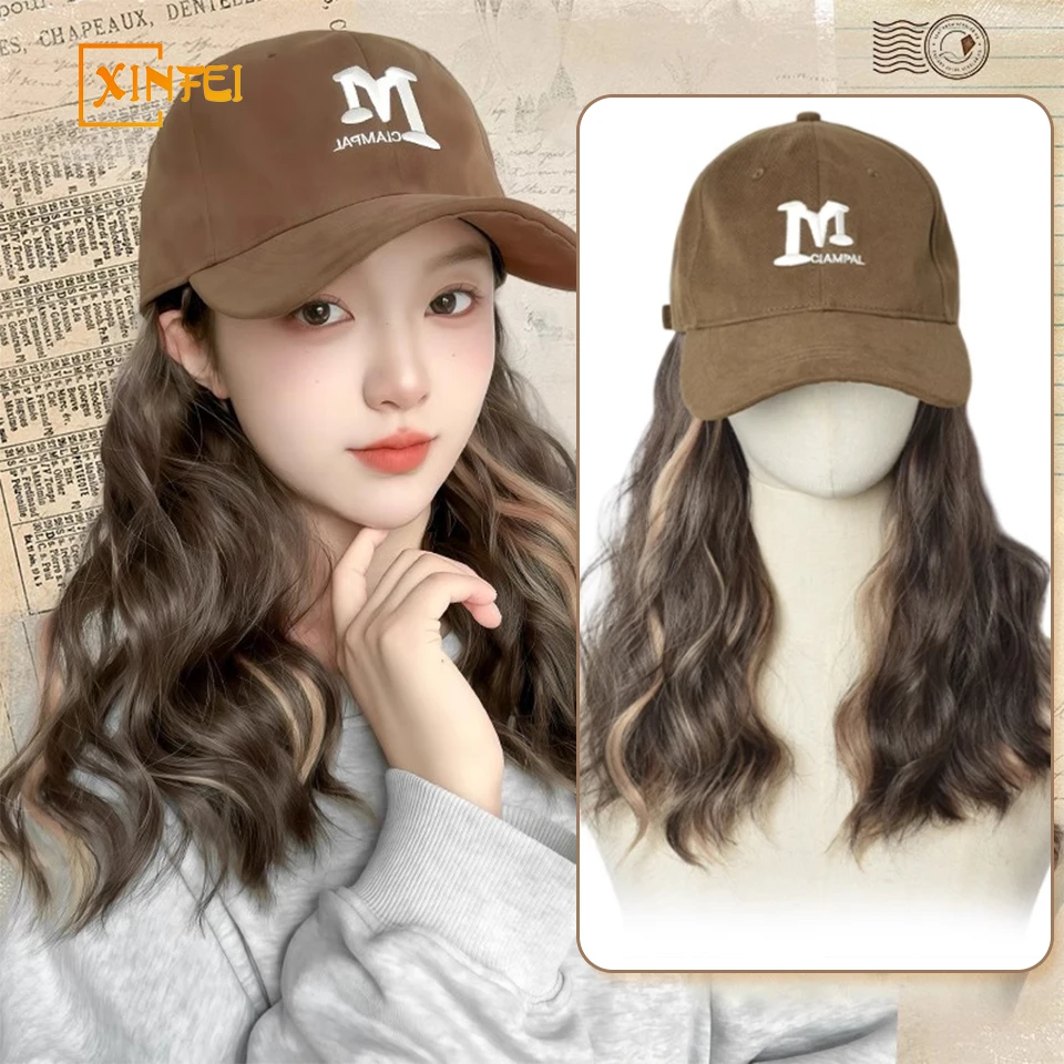 XINFEI Women's synthetic wig long hair one-piece fashion lazy slightly dyed curly hair baseball cap fluffy natural hat wig