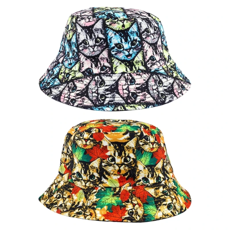 Fashion Cat Printed Fisherman Hat for Women Street Snap Sun Hat for Shopping Camping Summer Spring Travel Headpiece DropShipping