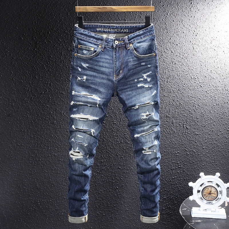 Designer Street Fashion Men's Jeans High Quality Stretch Slim Fit Splicing Designer Retro Blue Jeans Men's Hip Hop Denim Pants H