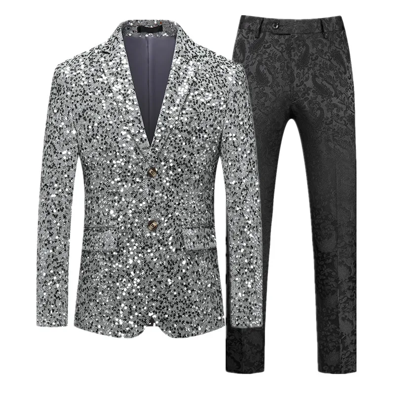 New Men Business Sequins Suit 2 Piece Classic Prom Party Dress Male Blazer Jacket and Trouser Fashion Singer Host Stage Costume