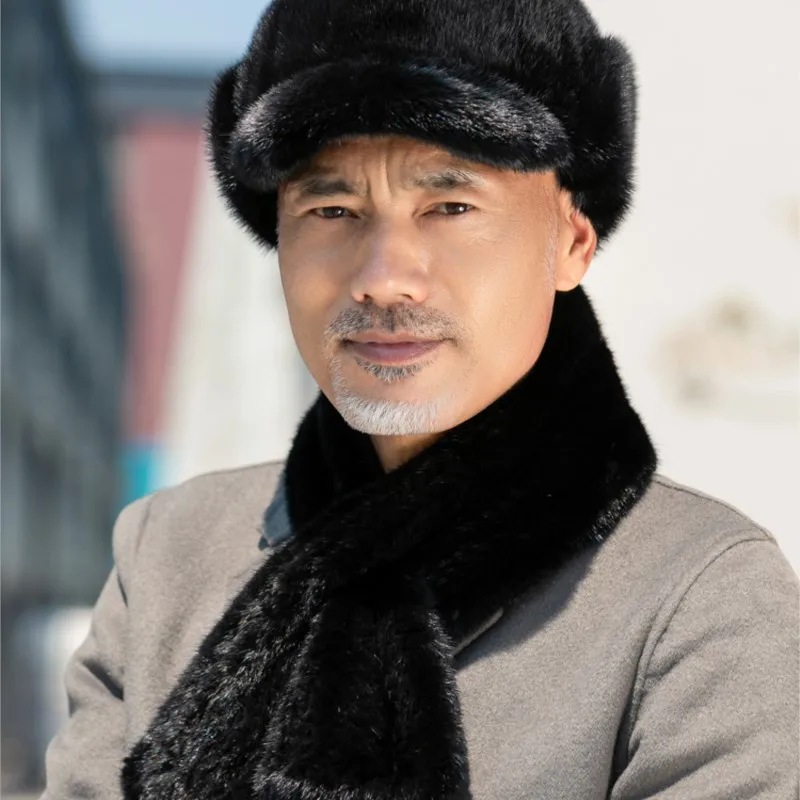 Leather men's casual real hair warm ear scarf outdoor travel thickened fur hat