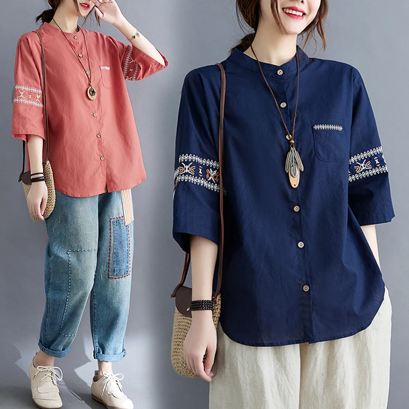 

Embroidered Cotton Linen irt plus Size Women's Faion Summer Top Five-Quarter Sve Stand Collar Button Base irt Belly ...