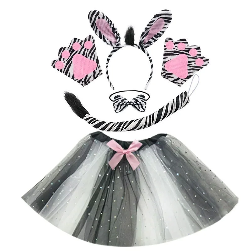 

Zebra Costume Set Animal Headband Bow Tie Tail Tutu Skirt Strip for Halloween Christmas Party Cosplay