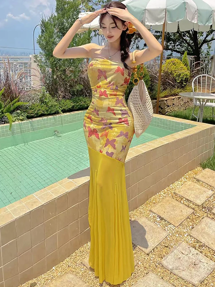 Women Mesh Patchwork Print Chest Wrapping Sexy Long Dress Summer Elegant Casual Dress 2026 Korean Fashion Luxury Party Vestidos
