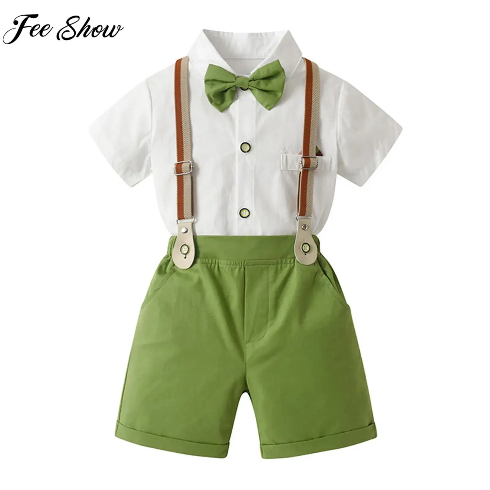 Toddler Boys Gentleman Suit Short Sleeve Lapel Bow Tie Tops with Suspender Shorts Baptism Birthday Wedding Party Formal Outfit