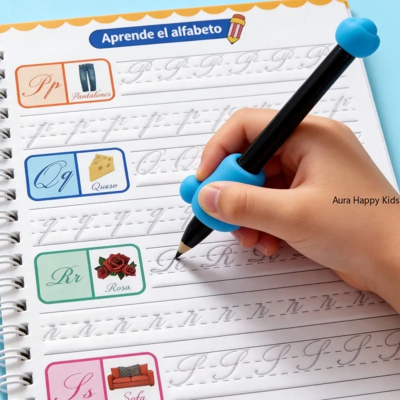A Set of Spanish Letter Copybook Font Practice Books  Suitable for A-Z Writing Practice Including 1 Magic Pen and 5 Pen Refills