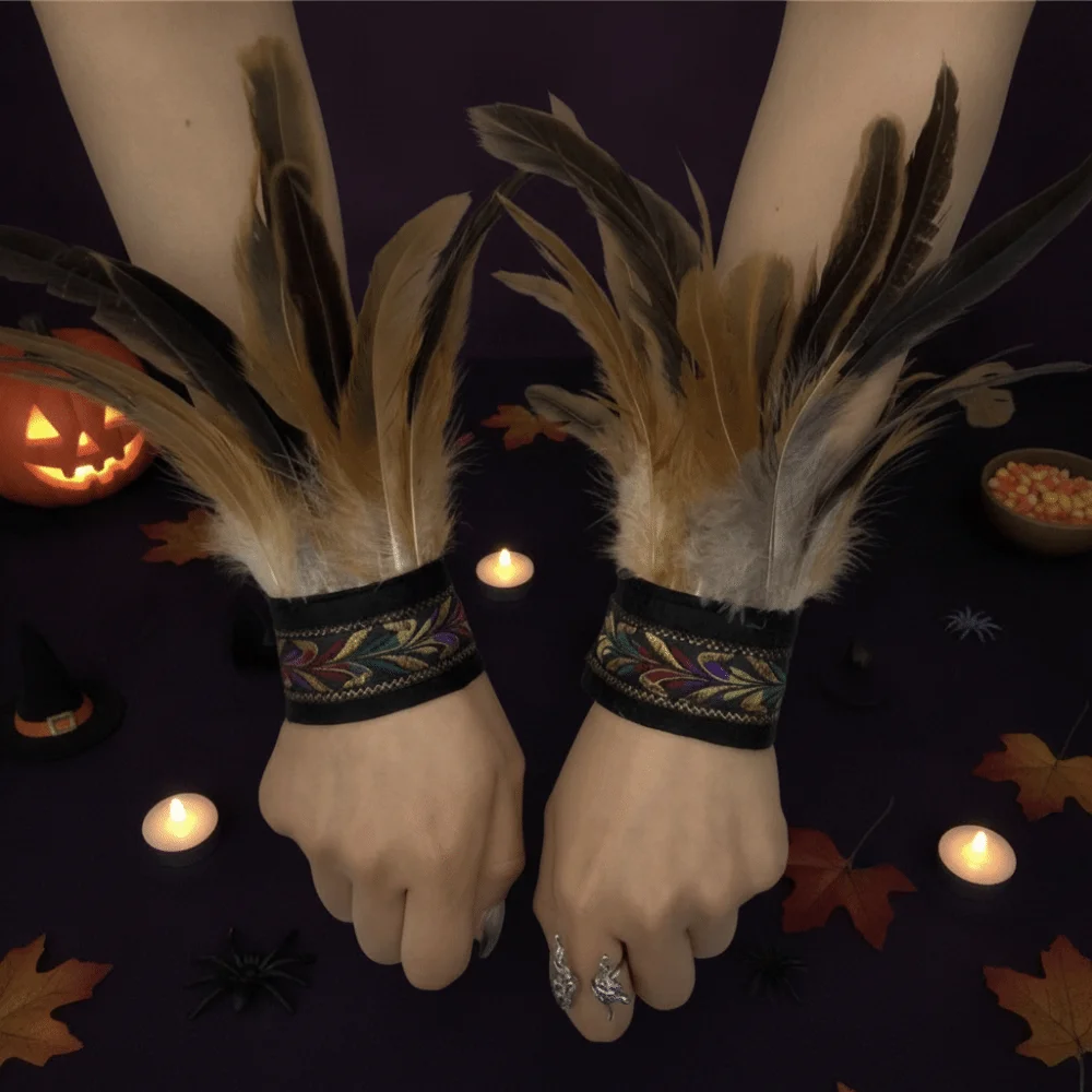 1 Piar Gothic Halloween Carnival Feather Wrist Cuff Adjustable Straps Embroidered Band Feather Bracelet Unisex