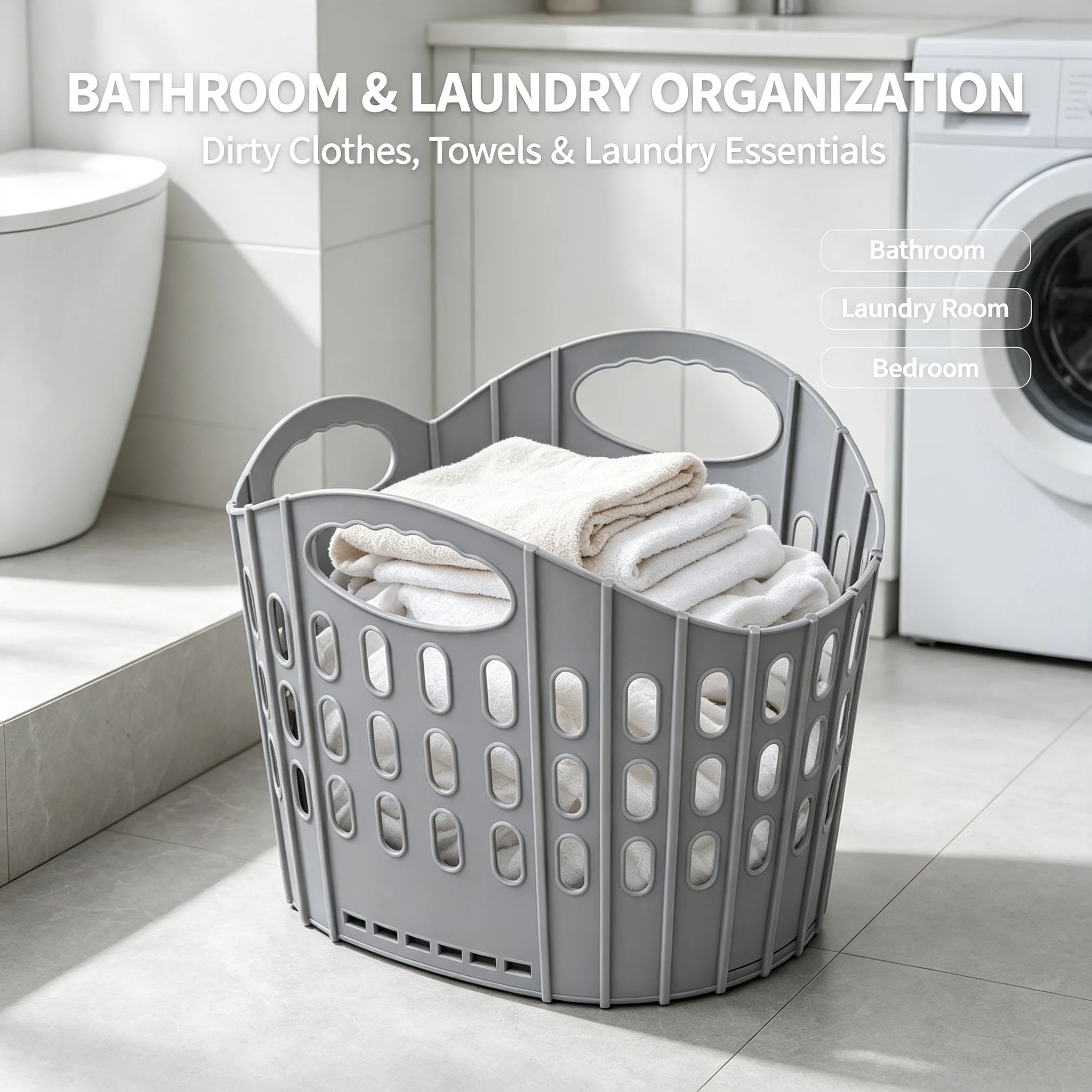 Collapsible Plastic Laundry Basket, Foldable Ventilated Laundry Hamper With Handles, Large Capacity Dirty Clothes Storage Bin for Bathroom Bedroom
