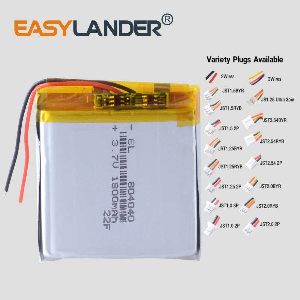 Variety Plugs 1800mAh 3.7V 804040 Rechargeable Lithium Polymer Lipo Battery for GPS Navigator MP5 Bluetooth Speaker Power
