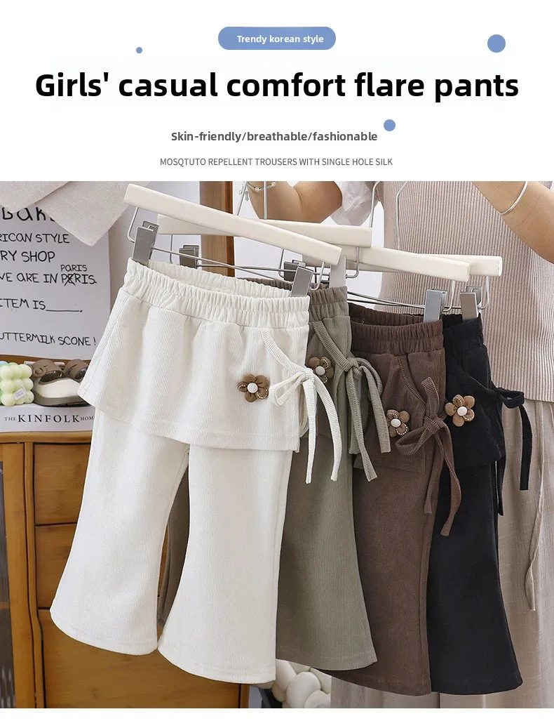 Frühling Herbst Winter Neue Mädchen-Hose mit Fake-Two-Piece-Effekt Schmal Geschnittene Hochtaillierte Rockhose für Kinder Leicht Ausgestellte Hose – Detail 1