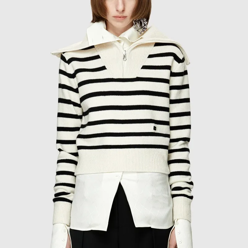 

Knitwear Lapel Loose Half Zip Short Knit Striped Sweater for Women