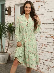 Msfilia Autumn Winter Women Fashion Long Sleeve Print Elegant V-neck Casual A-Line Knee-Length High Waist Dress