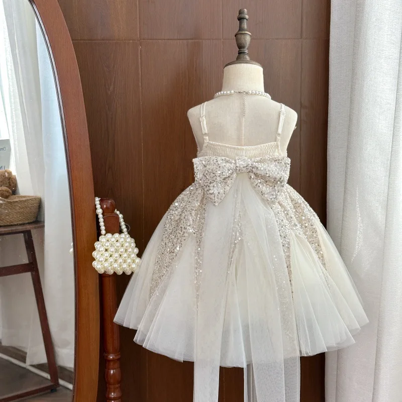 Girls' dress 2026 spring new item, little girls' suspender fly sleeve sequin skirt, little girls' princess skirt