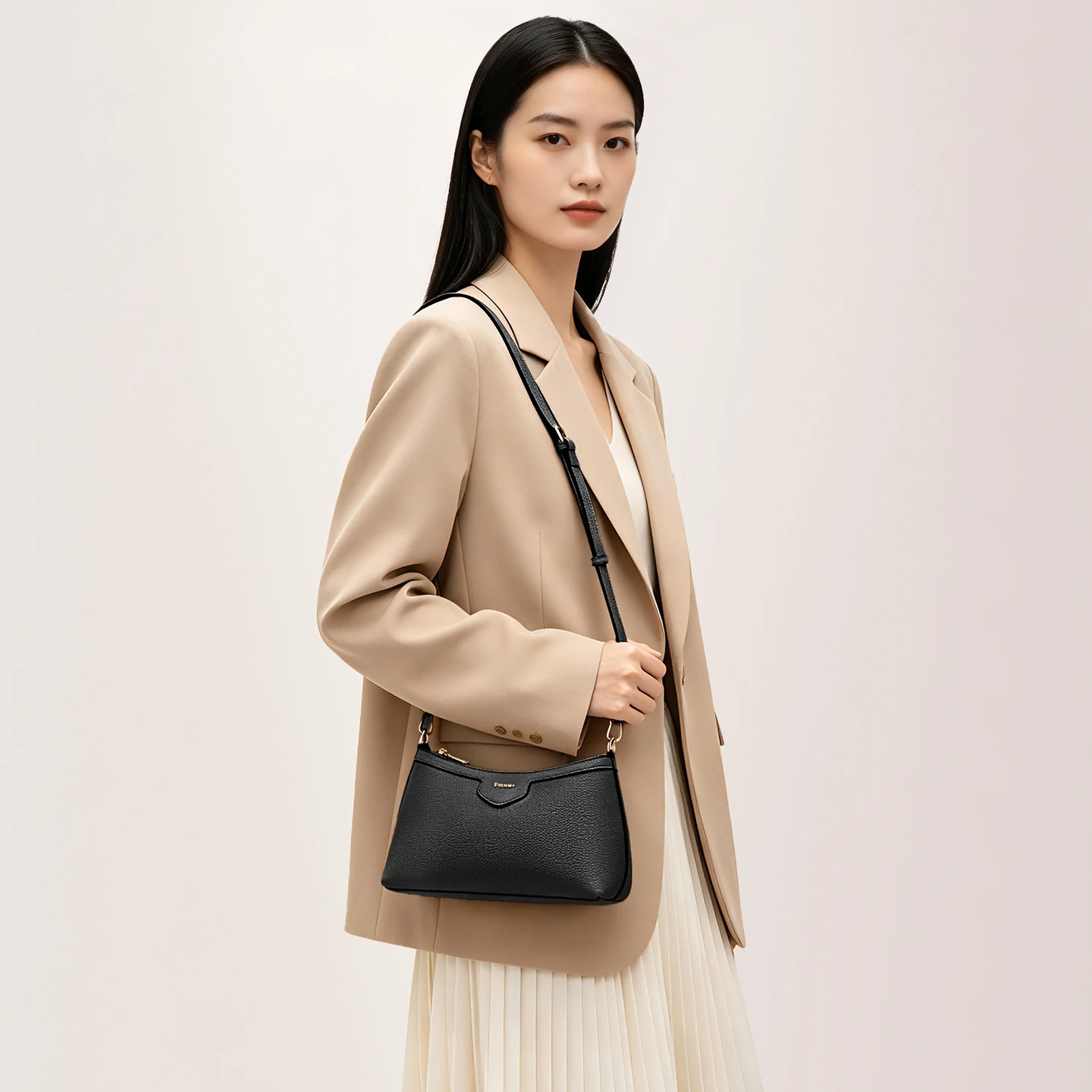 FOXER 2026 New Women Real Leather Shoulder Bag Black Casual Hobo Bag Genuine Leather Ladies Commute Crossbody Purse