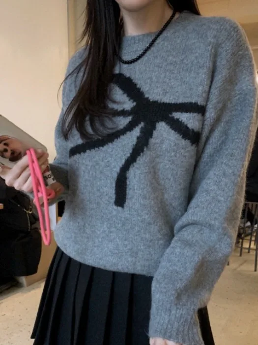 

Chic24 Autumn Vintage Knot Decoration Sweater round Ne Long Sve Knitted Women's Faion Commute Loose Fit