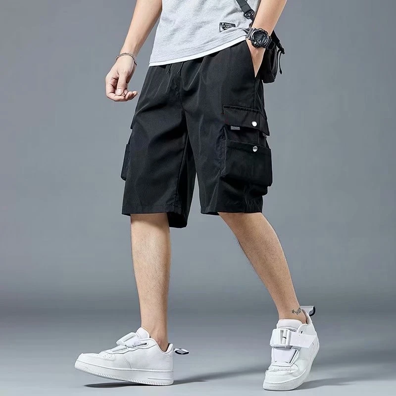 2024 Summer Beachwear Cargo Shorts Ribbons Hip Hop Short Pants For Men Wide Leg Multi Pockets Casual Street Wear