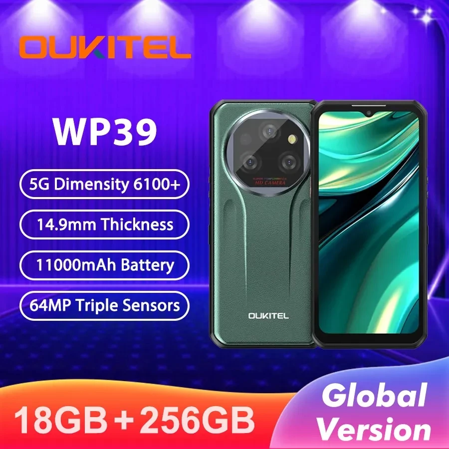 Global Version Oukitel WP39 Rugged 5G Smartphone Octa Core 24GB(6+18)+256GB 6.6Inch Android 14 Mobile Phone 64MP Camera 11000mAh