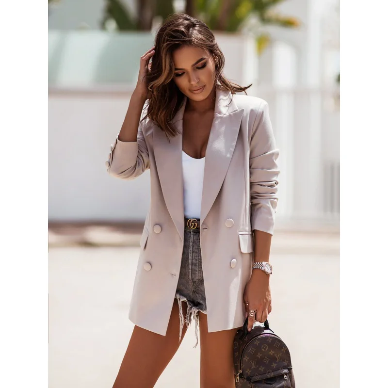 2023 Autumn Women\'s New Solid Color Fashion Commuter Long Sleeve Double Breasted Suit Collar Coat Casual Comfortable Top