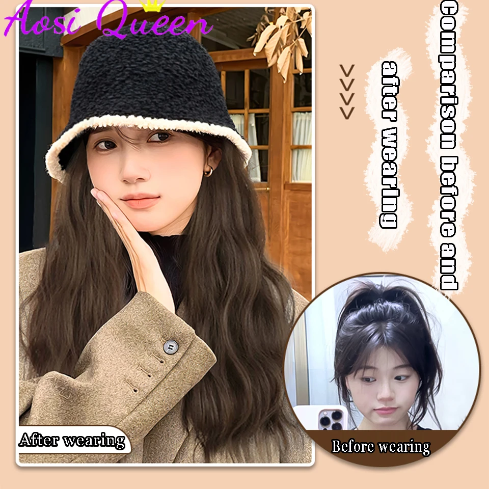 AOSI Hat Wig One-piece Women's Fashion Fisherman Hat Lazy Qater Ripple Artificial Hair 2023 New Wig Hat