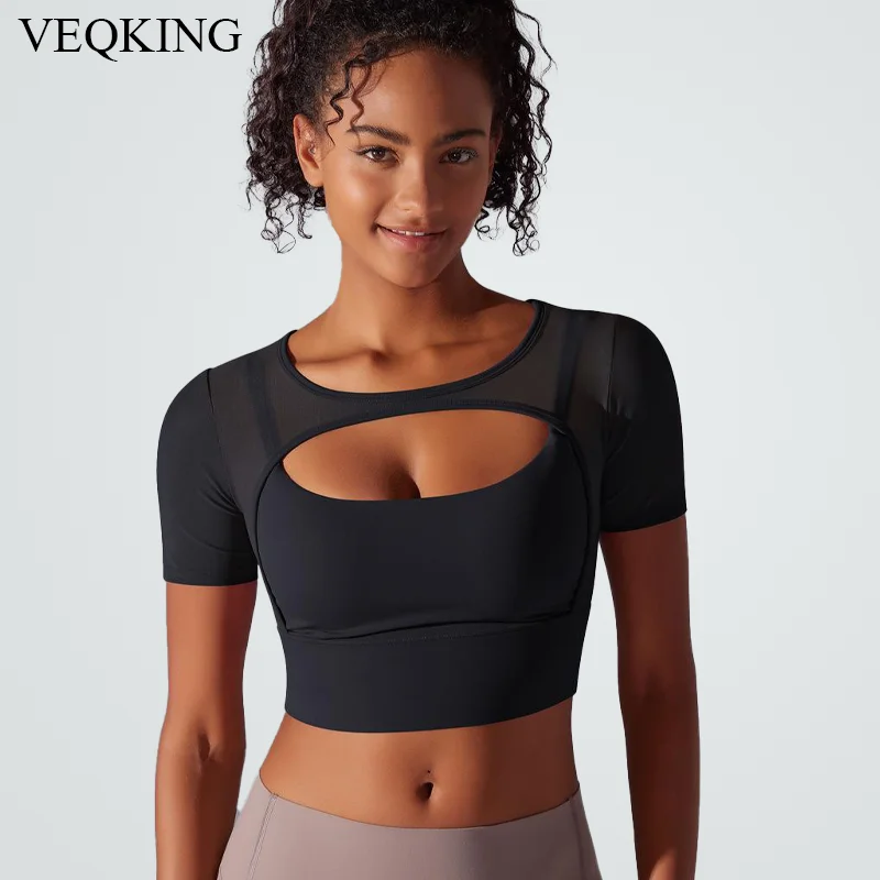 

VEQKING Sexy Women Yoga Shirts Mesh Sports Crop Tops Short-sleeved Sling Gathered Sports Bra Gym Running Top Fitness Workout Top