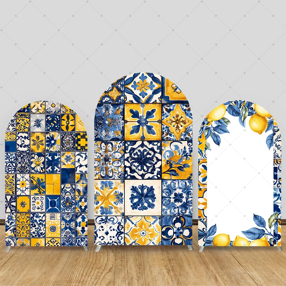 

Lemon Bridal Shower Arch Backdrop Cover Blue Tiles Wedding Birthday Baby Shower Party Decor Portrait Wall Background