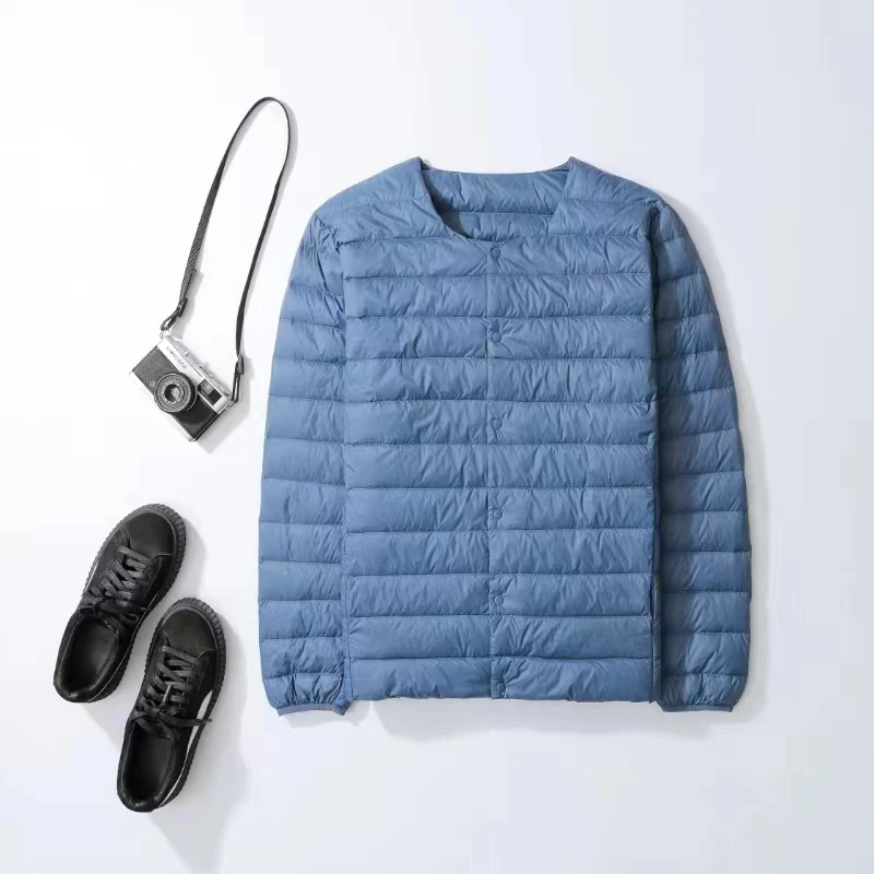 

A light and thin down jacket for men, with a collarless warm inner lining, can be worn inside a round-neck thin coat