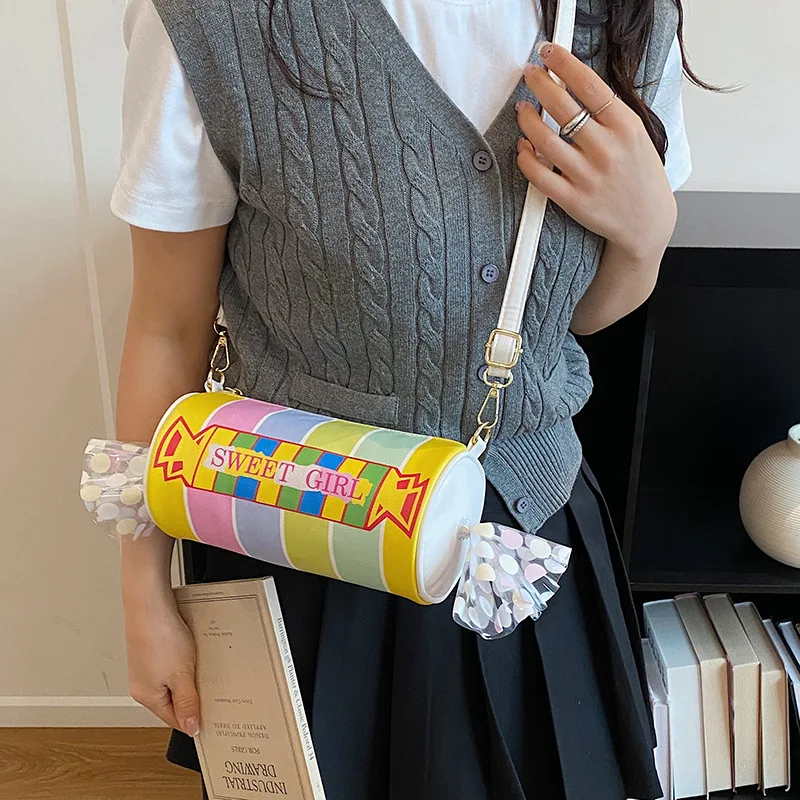 Harajuku Candy Shaped Shoulder Bags Cute Colorful Striped Crossbody Bag Barrel-shaped Women's Bag Funny Purses for Women Handbag