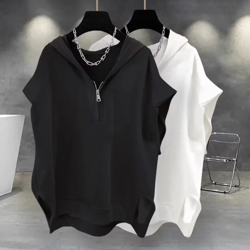 Summer fashion Men Half‑Zip Hooded Sleeveless Sweatshirt Vest Irregular Raw Hem Loose Fit Casual Pullover Hoodie Vest For Men