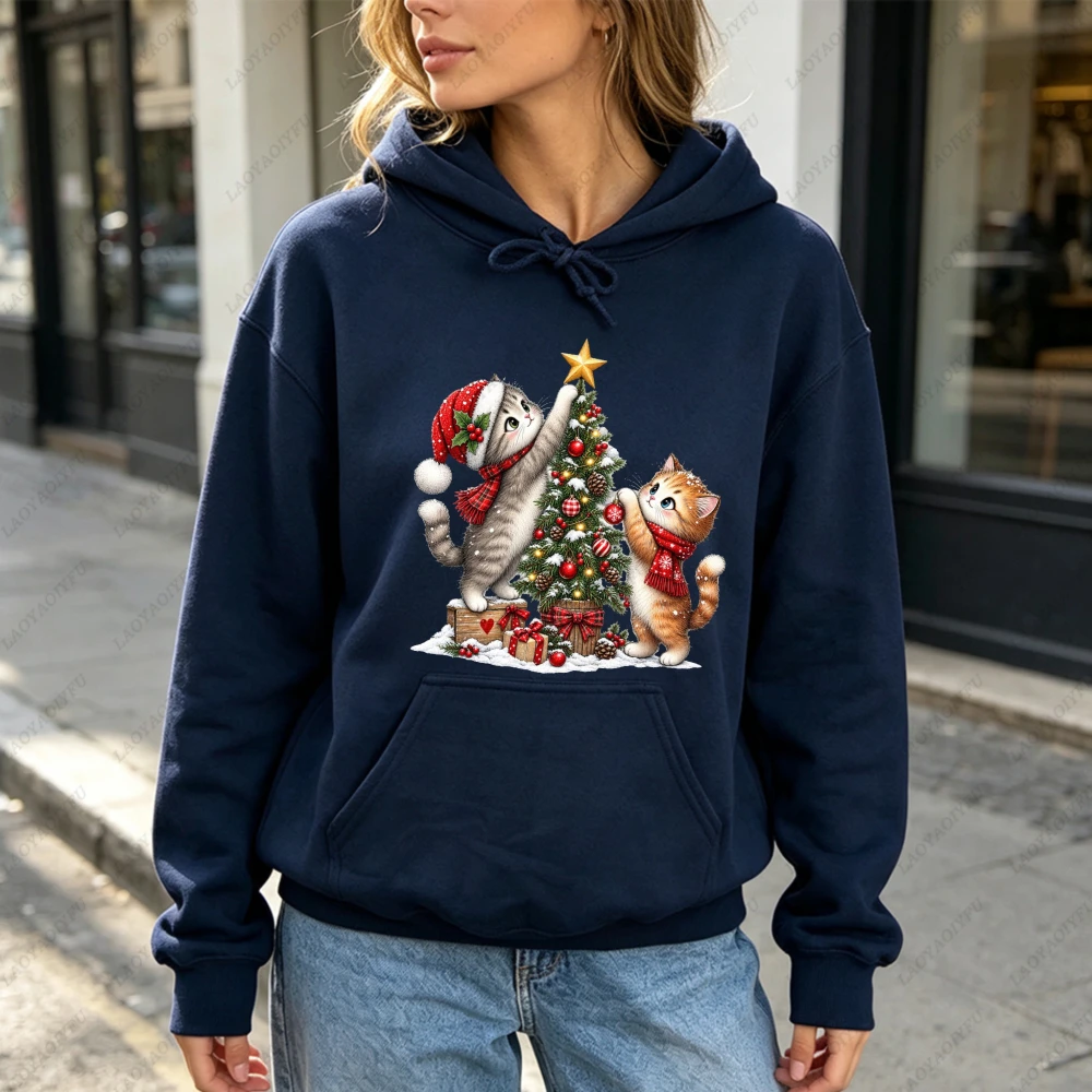 Christmas Cat Decorating Tree Cute Kitten Santa Hat Graphic Hoodie Women Casual Long Sleeve Pullover Fun Xmas Pet Lover Hoodie