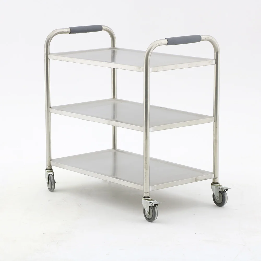 Large Size Square Tube Stainless Steel Catering 3 Tiers Trolley Food Hotel Trolley Restaurant Service Trolley With 4 Wheels