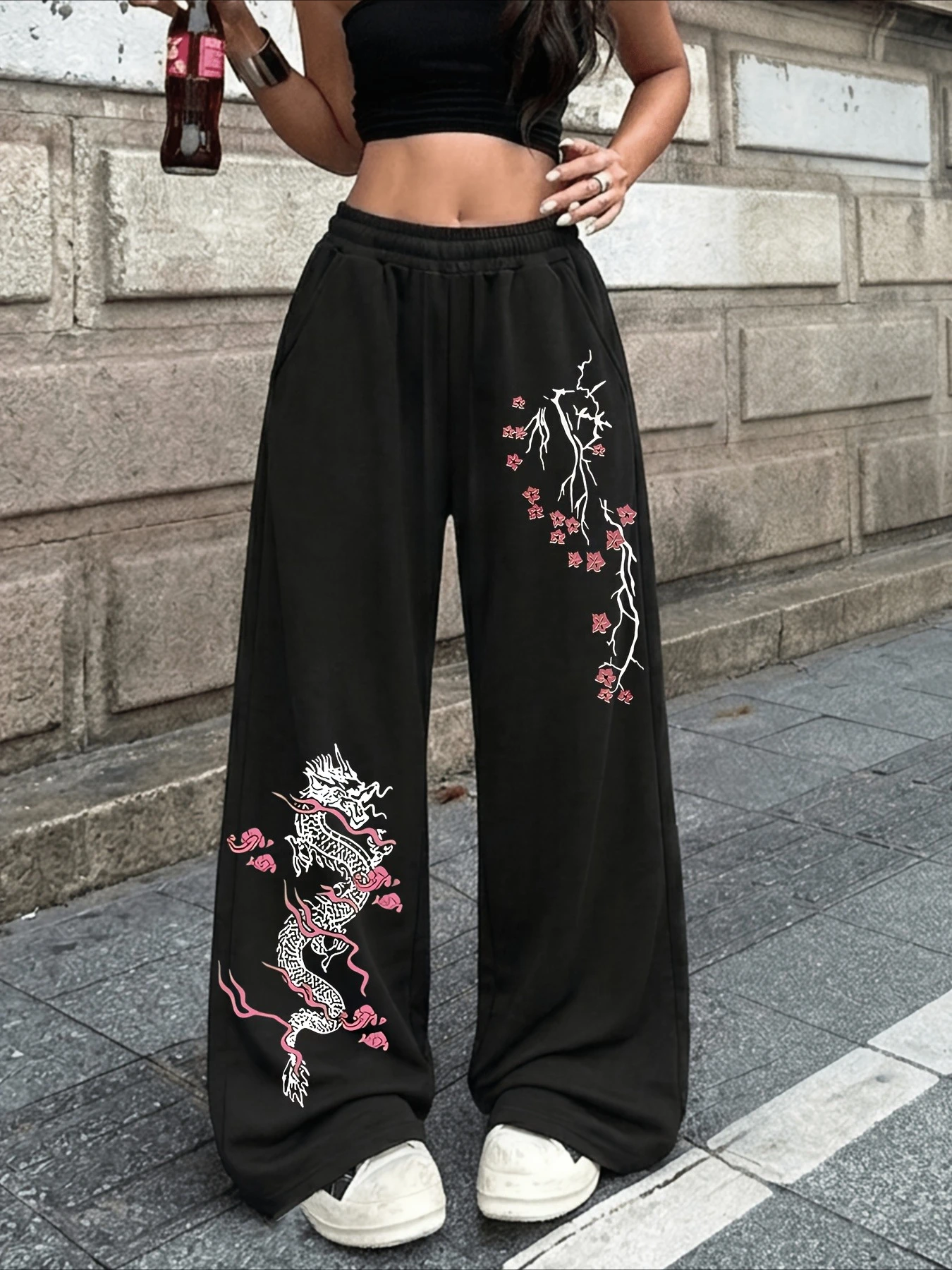 2026 Summer Fashion Style Fun Cherry Blossom Dragon Pattern Style 3D Printed Loose Street Sports and Leisure Pants Large Size