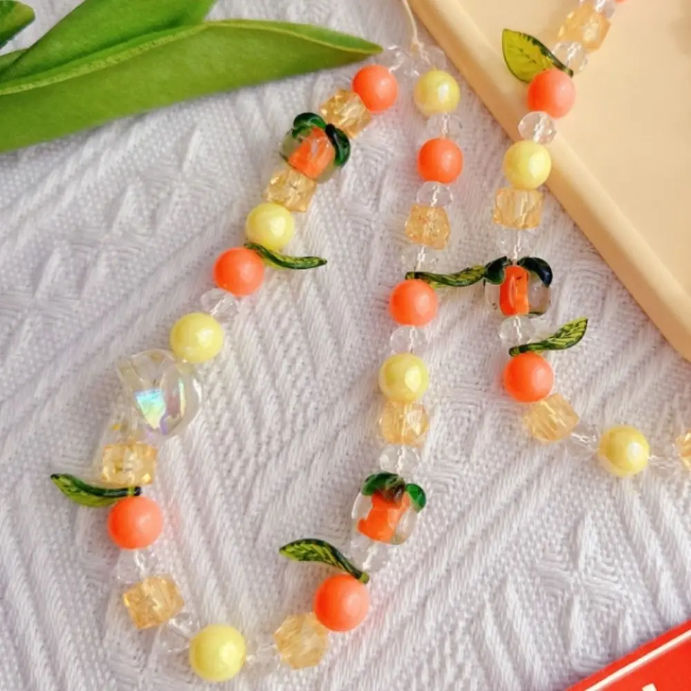 

Trendy Orange Persimmon Leaves Phone Lanyard Bag Chain Handmade Cartoon Crystal Bead Charms Bracelet Lucky Anti Loss Rope