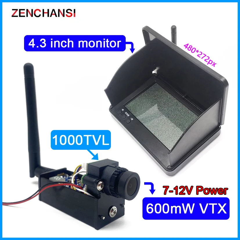 5.8G 48CH 4.3 Inch FPV Monitor 480x272 Build-in Battery Video Screen with 5.8G 600mw Transmitter TS5823 Pro+CMOS 1000TVL Camera