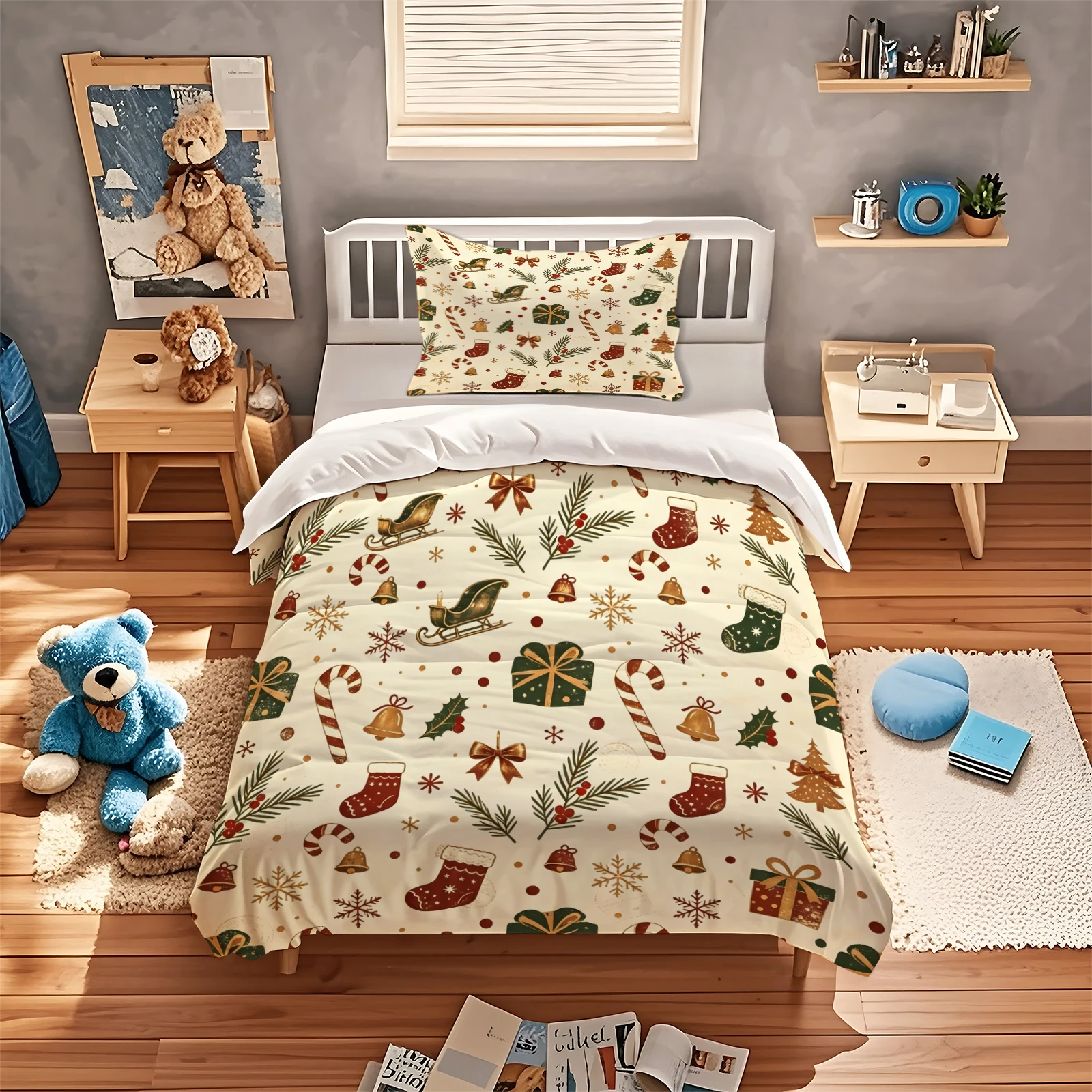 Retro Christmas Duvet Cover Set Xmas Sleigh Stocking Printed Bedding Quilt Cover with Pillowcases for Bedroom Holiday Decoration