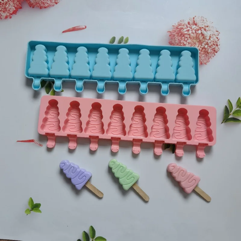 8 Cavities Bend Line Silicone Ice Cream Mold Tree Shape Chocolate Cake Candy Jelly Ice Baking Mould Soap Candle Making Set Gifts