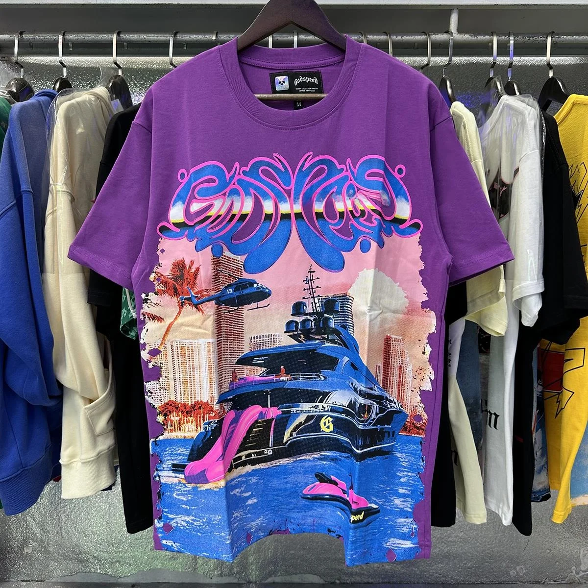 

Godspeed Luxury Cruise Helicopter Print American High Street Loose ex ort Sve Couple T irt Summer Trendy round Ne