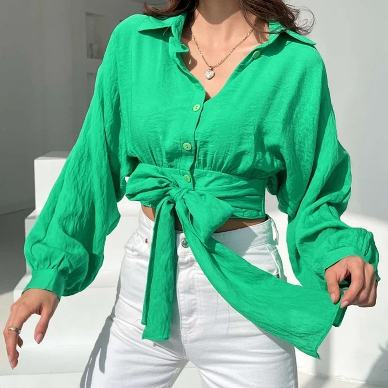 Spring Summer Casual Lapel Sexy Blouse Slim Fit Elegant Crop Tops Fashion Outerwear Thin Breathable  Style Ladies Femme Casual