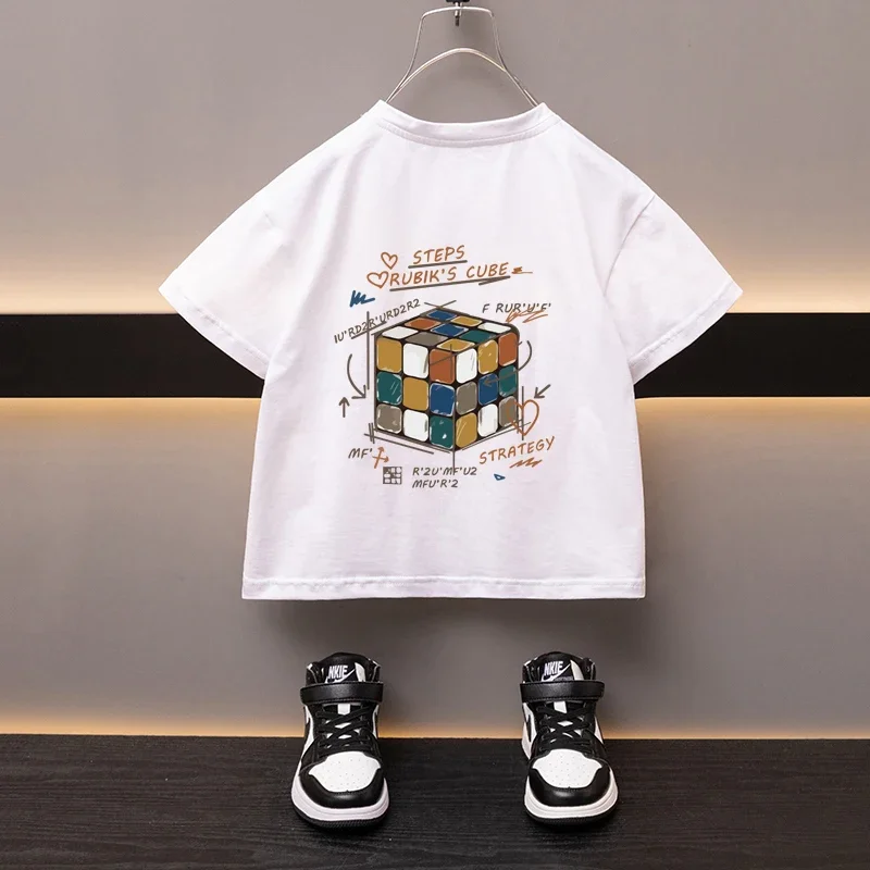 

Summer Boys Cotton T-shirt Cartoon Rubik's cube Printed Girls Tees Short Sleeve Children Tops High Quality Casual Kids Clothes