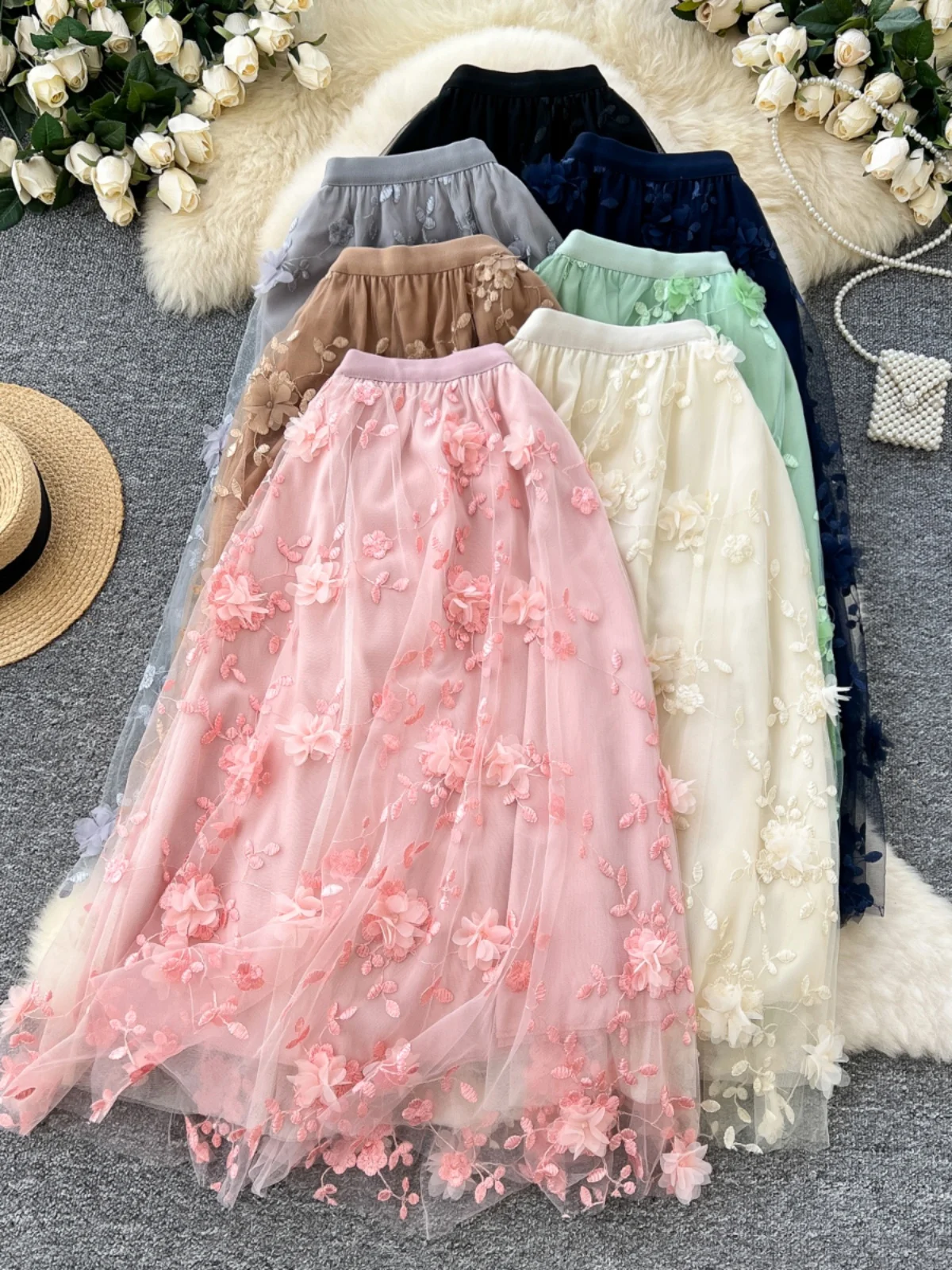 Elegant Embroidered Mesh Half Skirt High Waist Slimming A-Line Midi Skirt Commute Friendly Korean Style Polyester Fiber