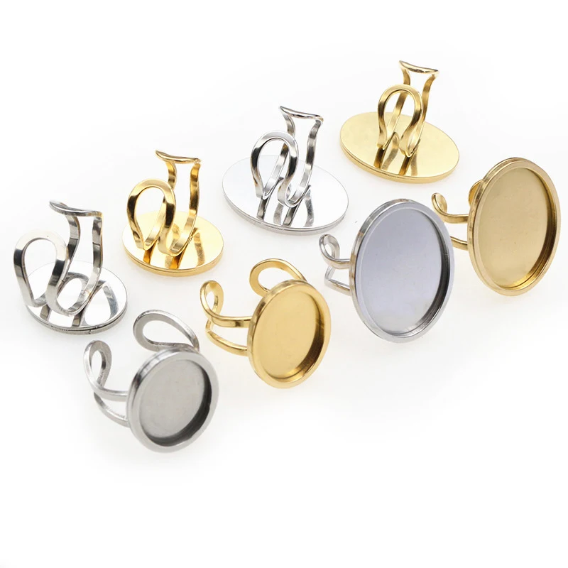 5 szt. 13x18mm 18x25mm rozmiar wewnętrzny owalny pierścień ze stali nierdzewnej regulowany pusta podstawa pasuje do owalnych szklanych kaboszonów pierścieniowe ramki