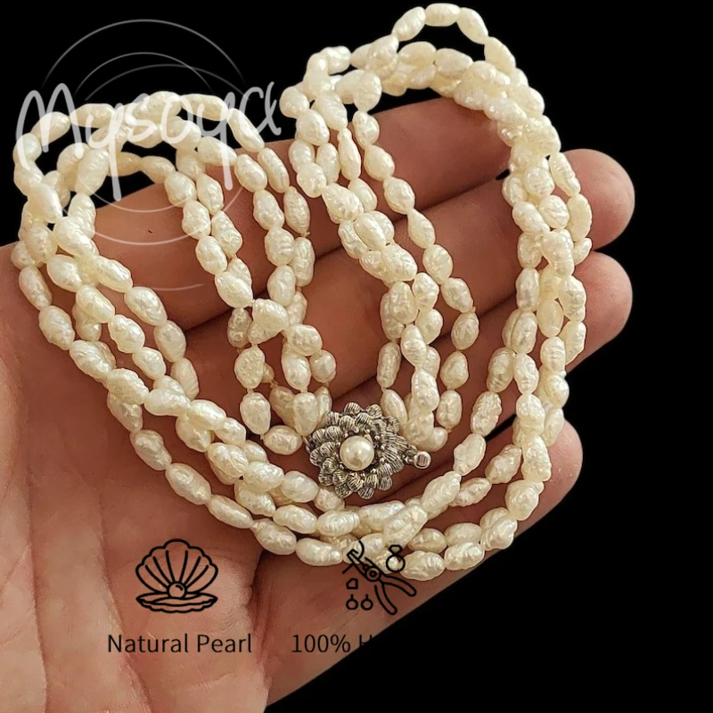 

MYSOYA трехслойное ожерелье из белого риса в стиле барокко с пресноводным жемчугом 3-4 мм с подарочной коробкой для нее, дня рождения, дня святого Валентина, свадьбы