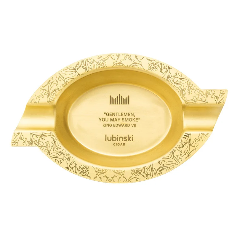 LUBINSKI Luxury Cigar Ashtray Classic Brass Plating Engraving Pattern Double Slot Large Diameter Cigar Cigarette Ashtray